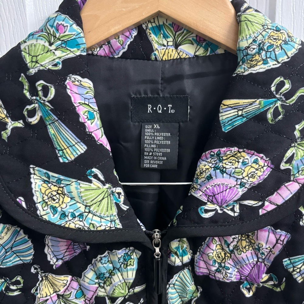 Quilted Zip Jacket Womens XL Black Fan Patterned Art to Wear Colorful Funky - Picture 2 of 9
